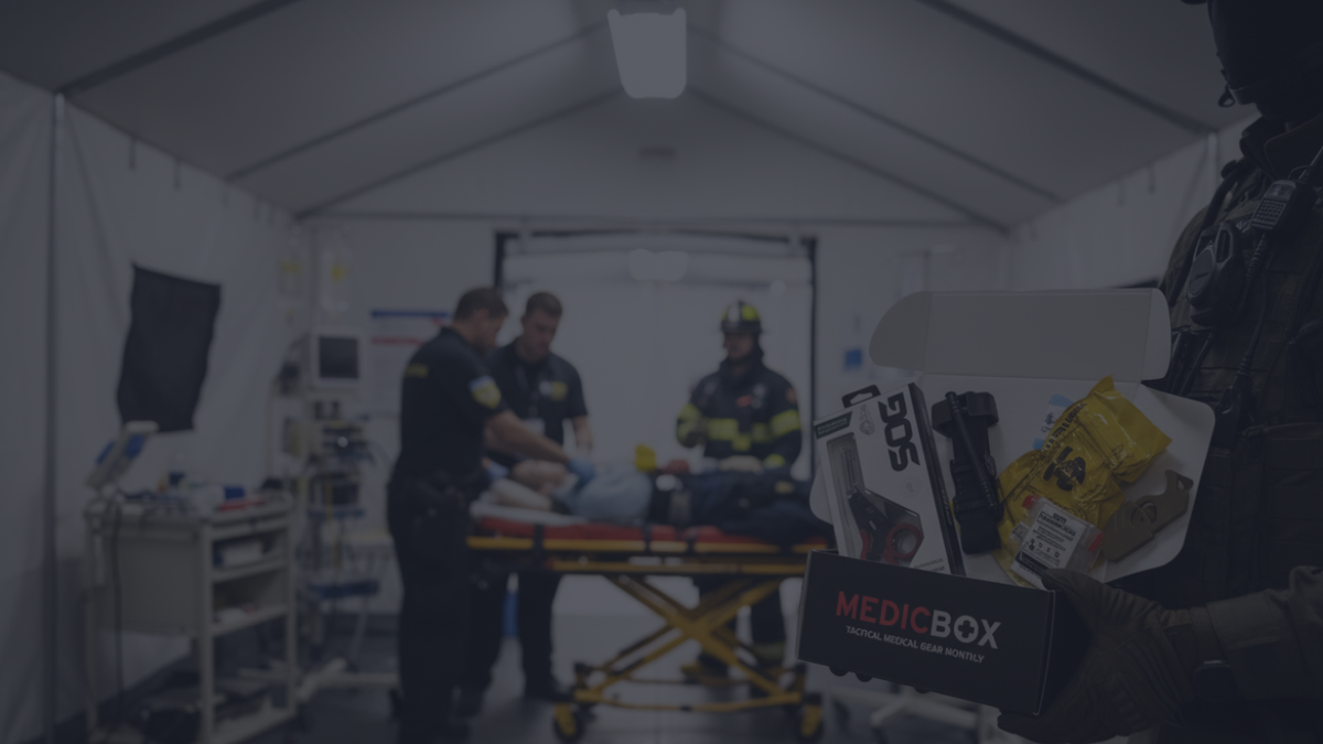 Example MedicBox contents: tourniquet, trauma shears, chest seal, bandages and rescue tools